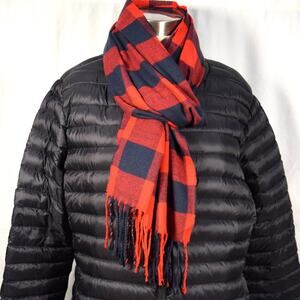 New Lands End Rectangle Winter Scarf Red & Black Check Acrylic Fringe 16" x 72"